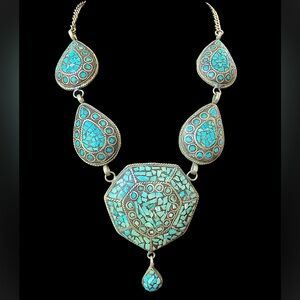 Vintage Turquoise Inlay Tibetan Style Statement Necklace 19.75”